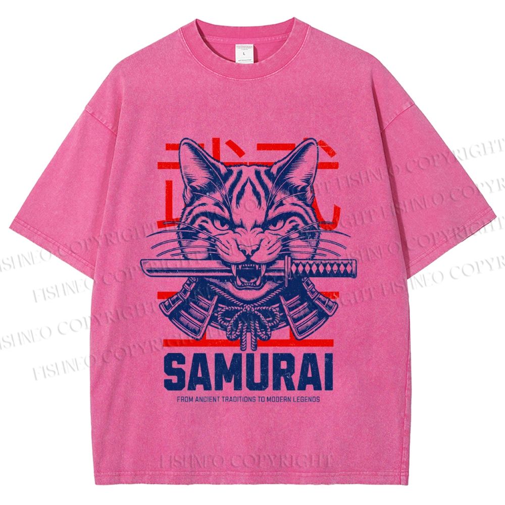Unisex Samurai Cat Printed Washed Tee