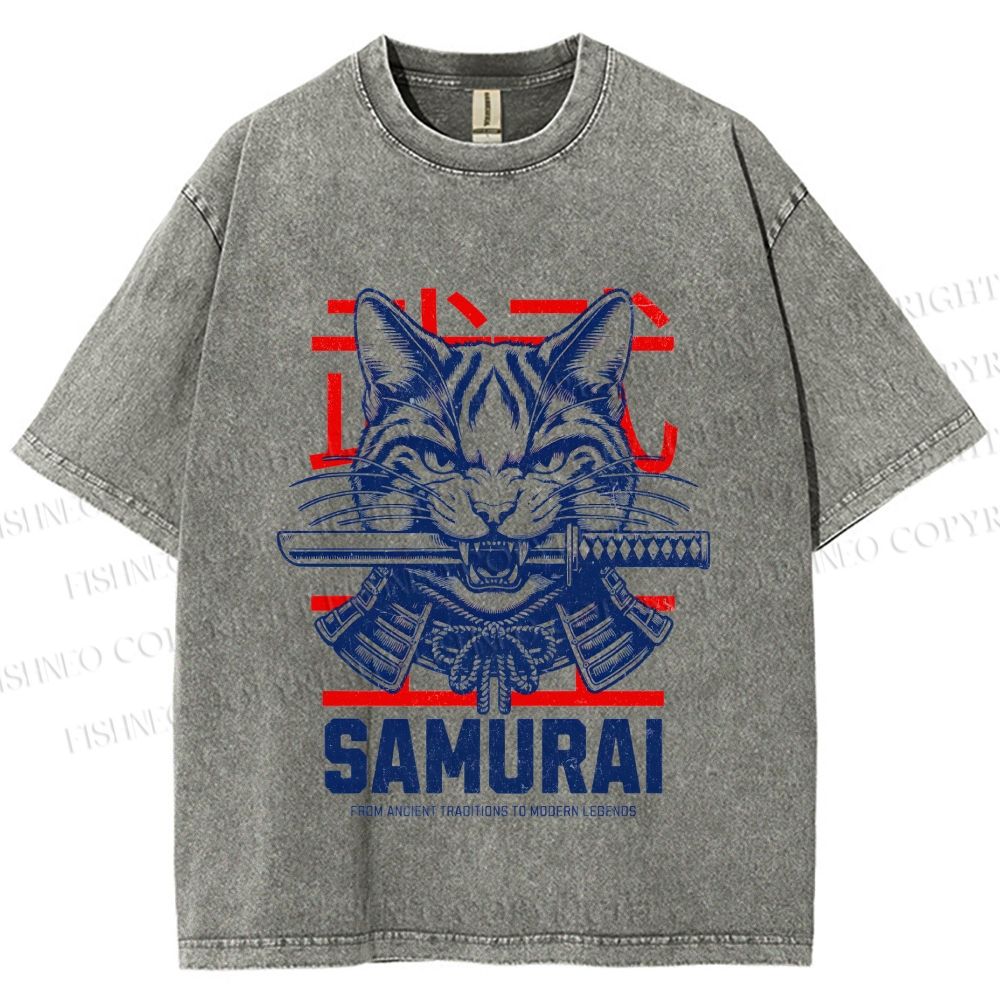 Unisex Samurai Cat Printed Washed Tee