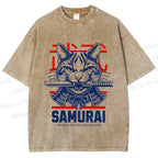 Unisex Samurai Cat Printed Washed Tee
