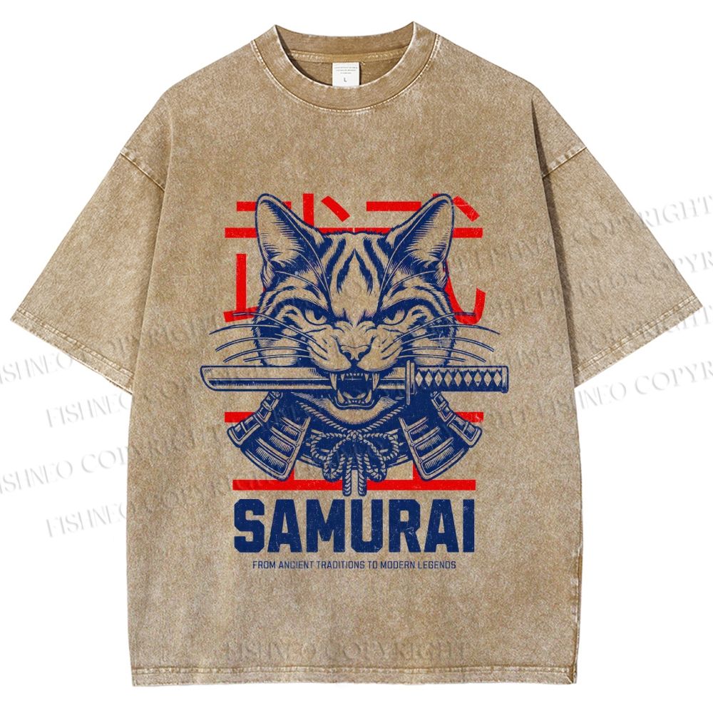 Unisex Samurai Cat Printed Washed Tee
