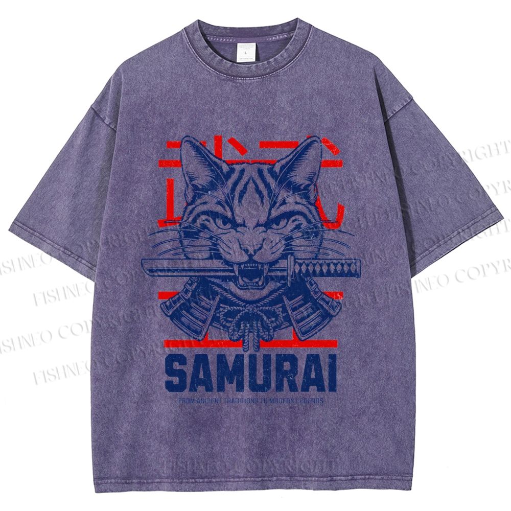 Unisex Samurai Cat Printed Washed Tee