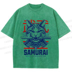 Unisex Samurai Cat Printed Washed Tee