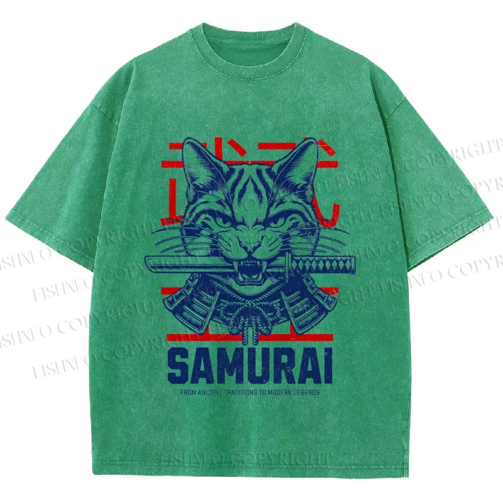 Unisex Samurai Cat Printed Washed Tee