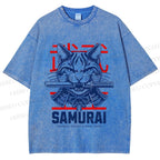 Unisex Samurai Cat Printed Washed Tee