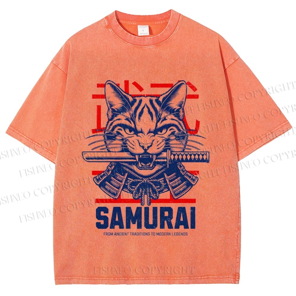 Unisex Samurai Cat Printed Washed Tee