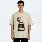 Unisex Ramen Cat Printed Washed Tee