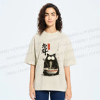 Unisex Ramen Cat Printed Washed Tee