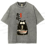 Unisex Ramen Cat Printed Washed Tee