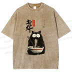 Unisex Ramen Cat Printed Washed Tee