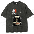 Unisex Ramen Cat Printed Washed Tee