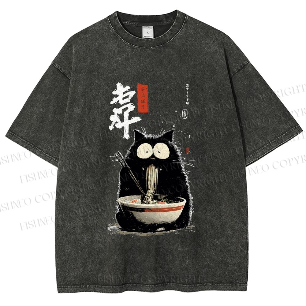 Unisex Ramen Cat Printed Washed Tee