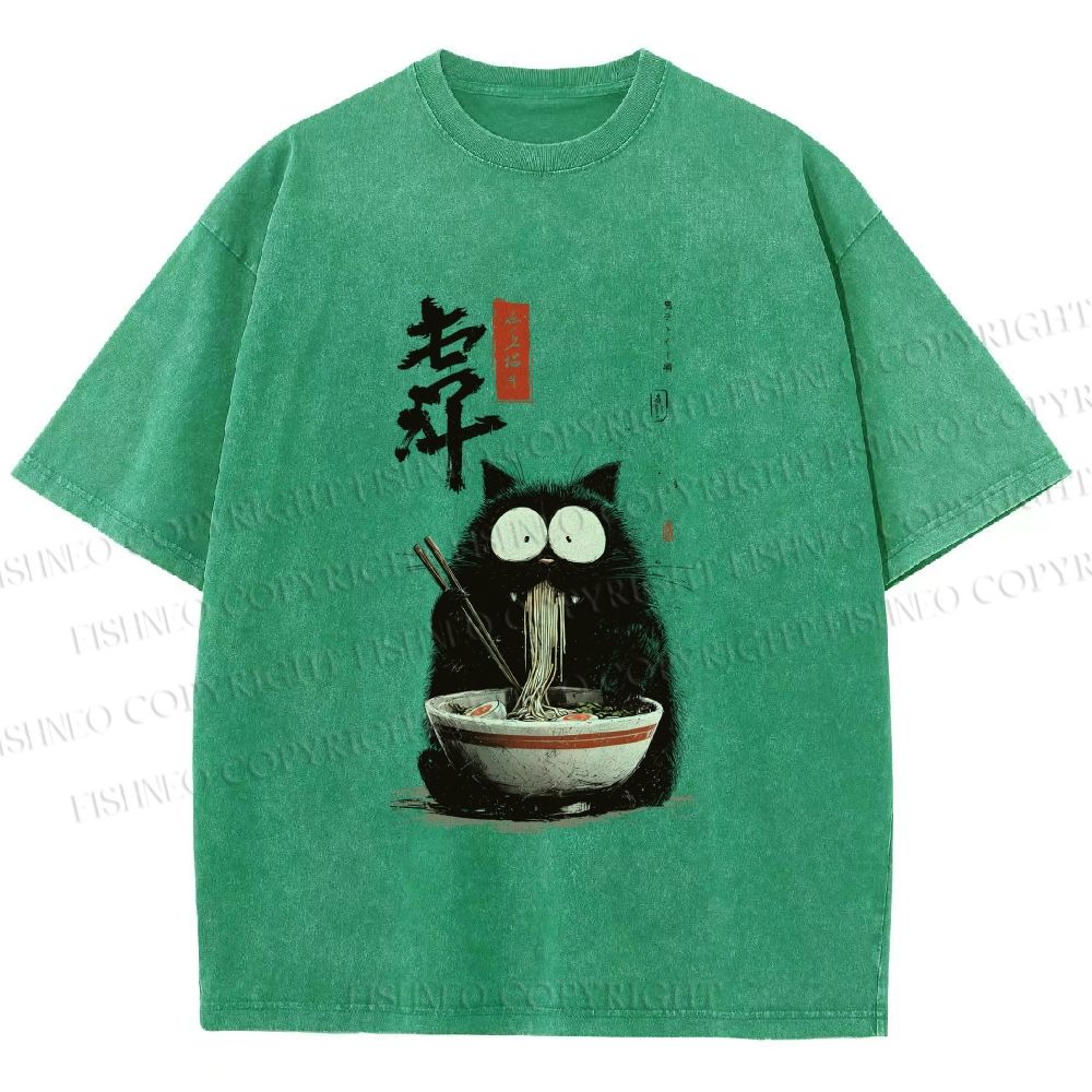 Unisex Ramen Cat Printed Washed Tee