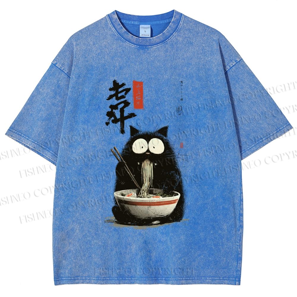 Unisex Ramen Cat Printed Washed Tee