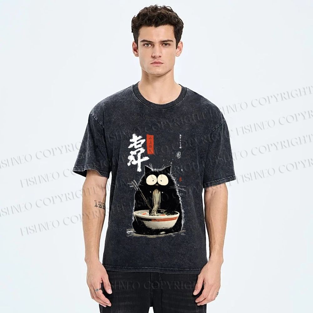 Unisex Ramen Cat Printed Washed Tee