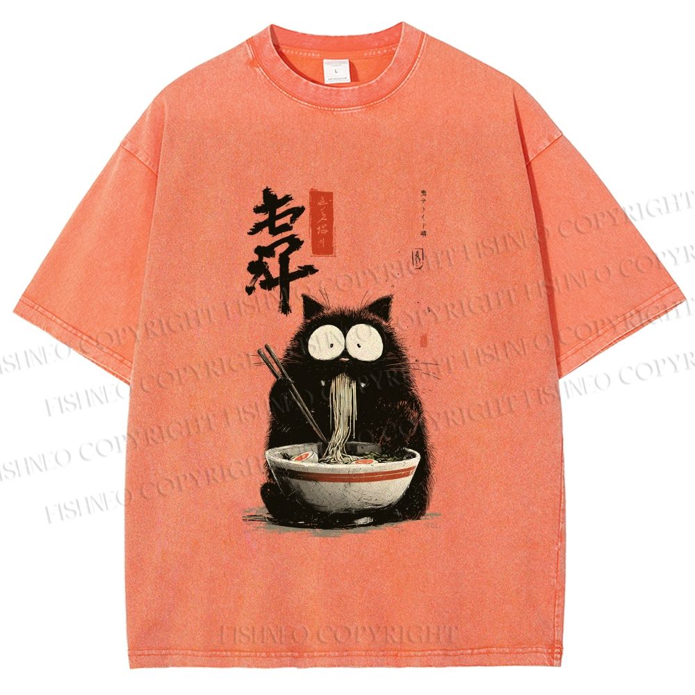 Unisex Ramen Cat Printed Washed Tee
