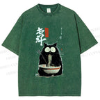 Unisex Ramen Cat Printed Washed Tee