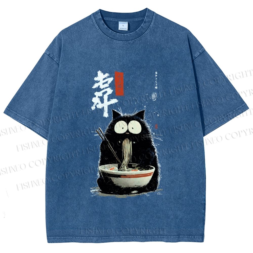 Unisex Ramen Cat Printed Washed Tee