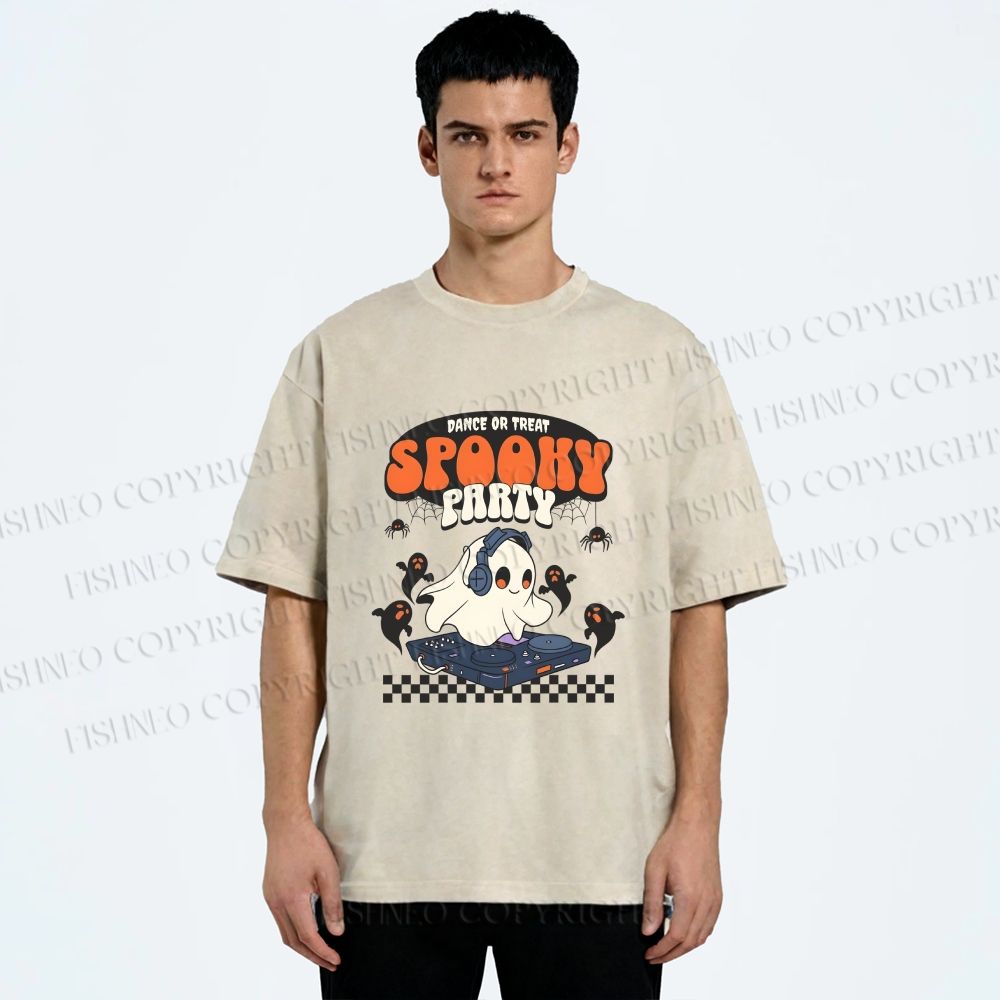 Unisex Ghostly Dance or Treat Printed Washed Tee