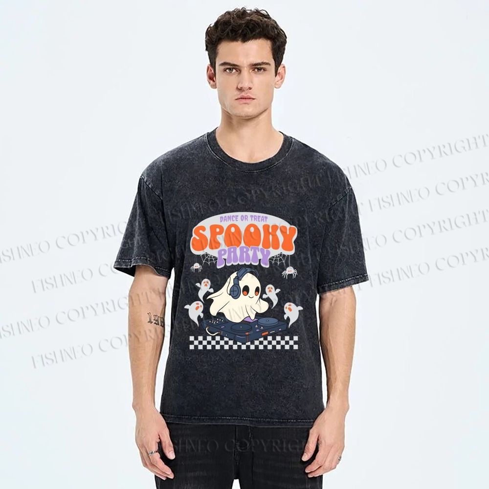 Unisex Ghostly Dance or Treat Printed Washed Tee
