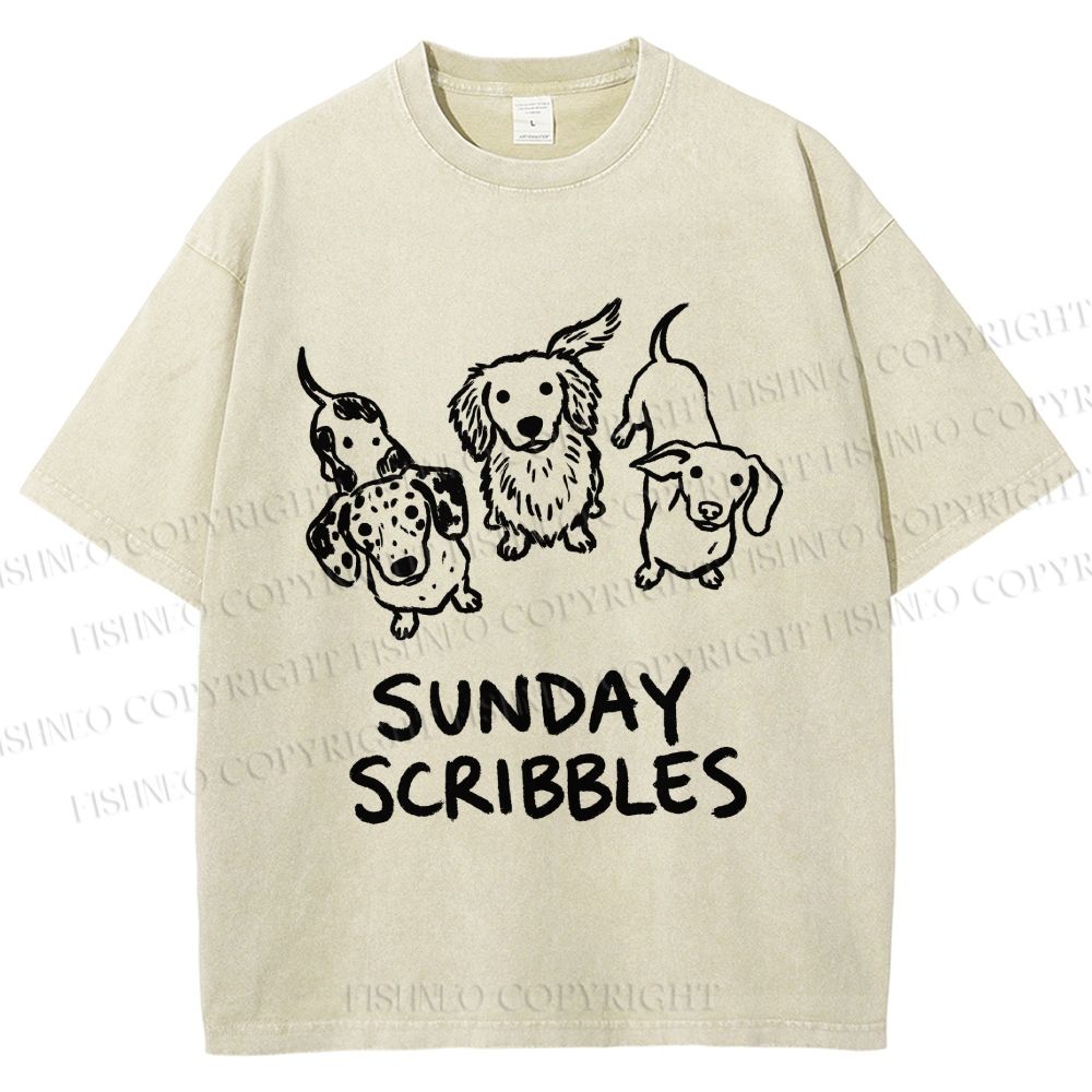 Unisex Sunday Scribbles Dachshund Printed Washed Tee