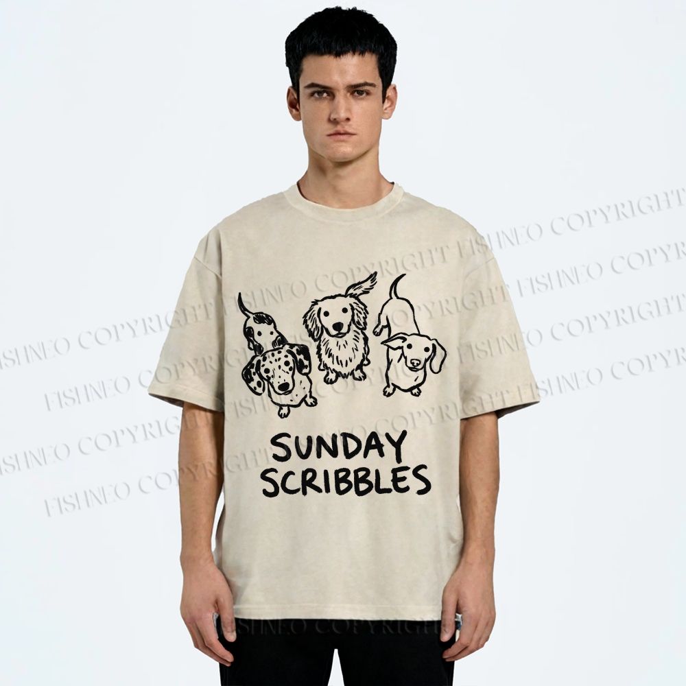Unisex Sunday Scribbles Dachshund Printed Washed Tee