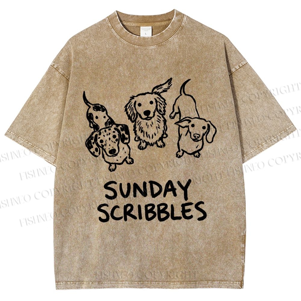 Unisex Sunday Scribbles Dachshund Printed Washed Tee