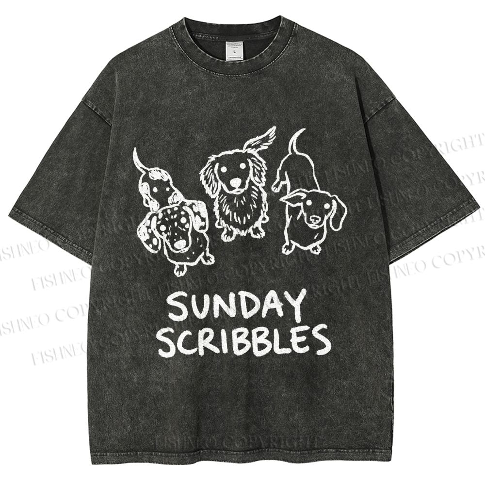 Unisex Sunday Scribbles Dachshund Printed Washed Tee