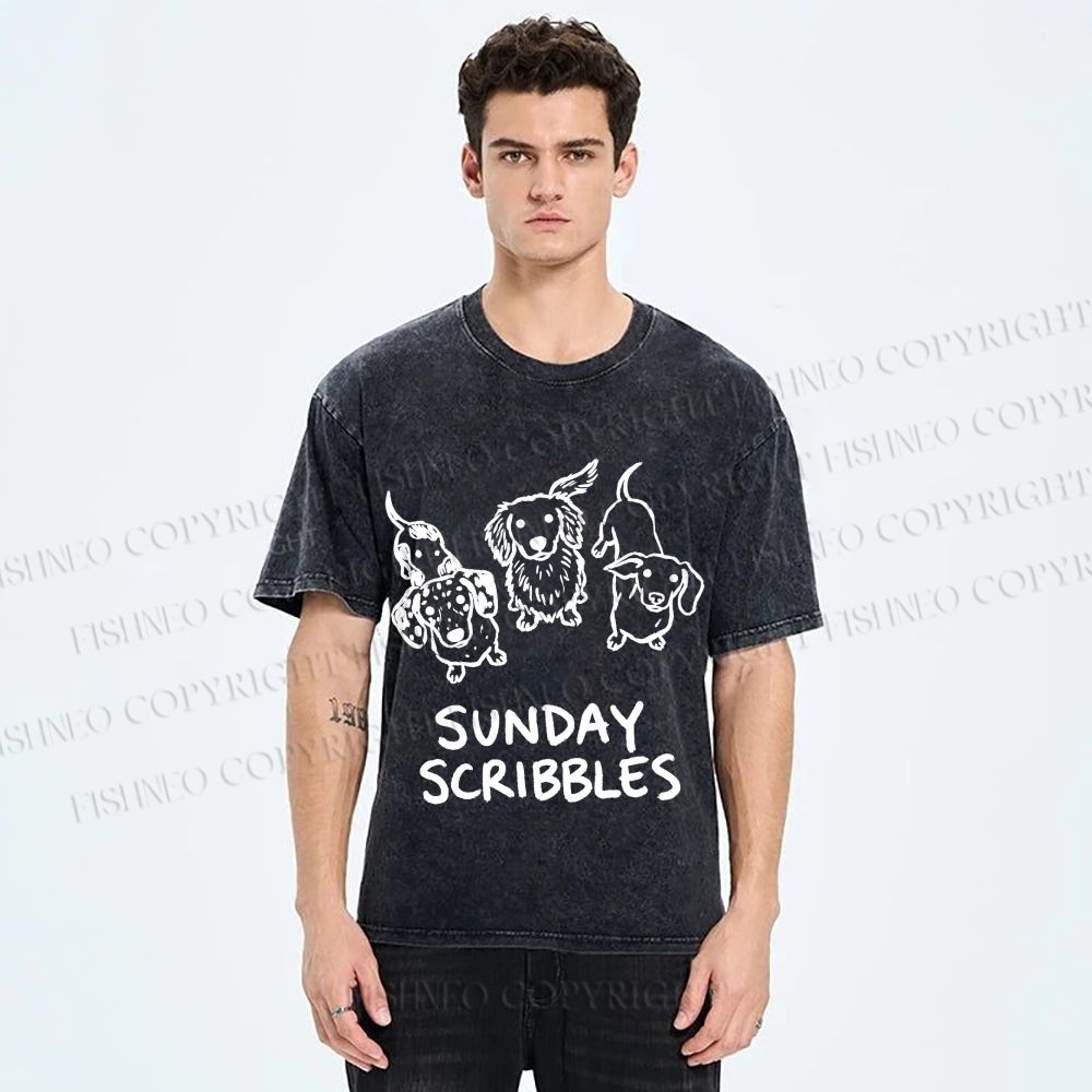 Unisex Sunday Scribbles Dachshund Printed Washed Tee