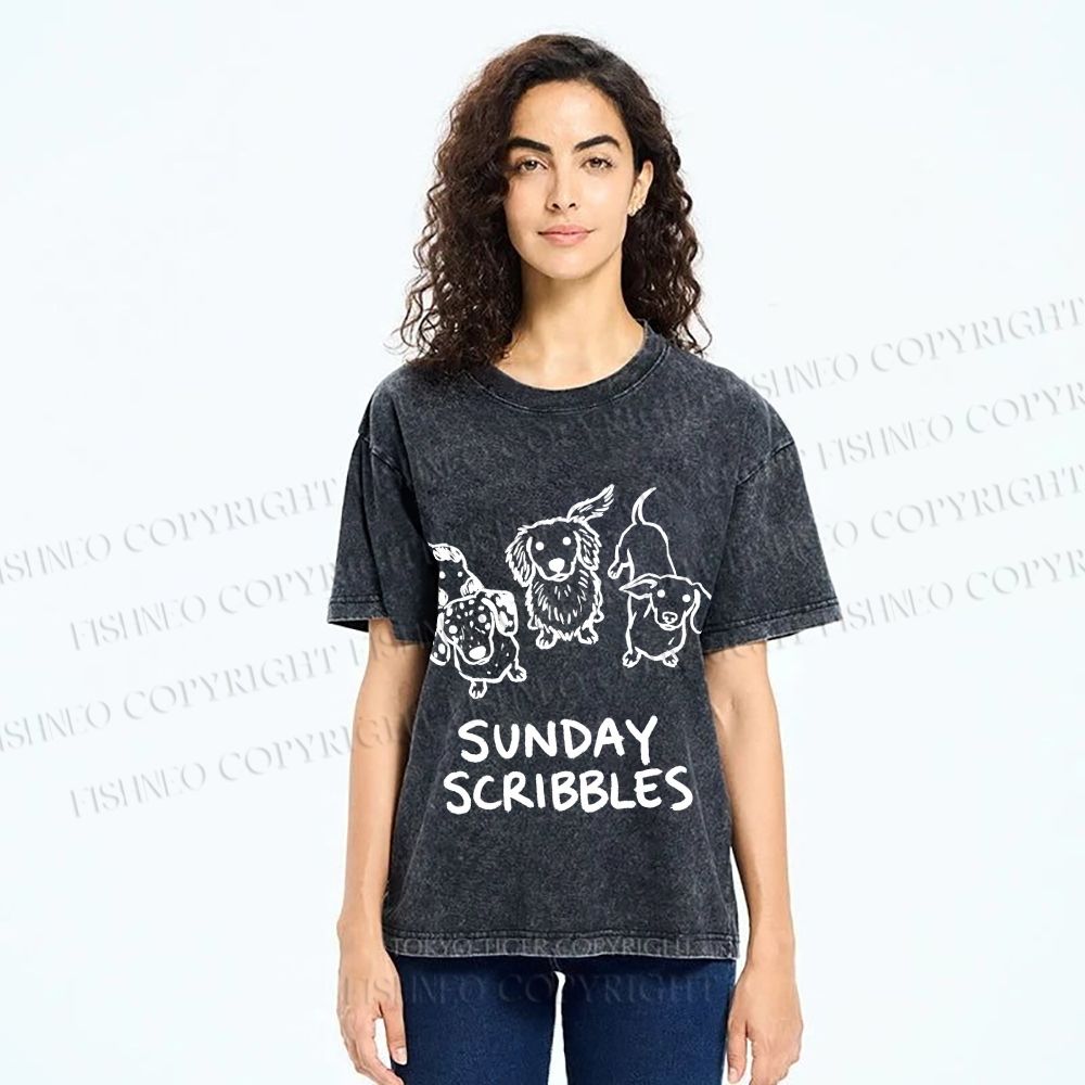 Unisex Sunday Scribbles Dachshund Printed Washed Tee