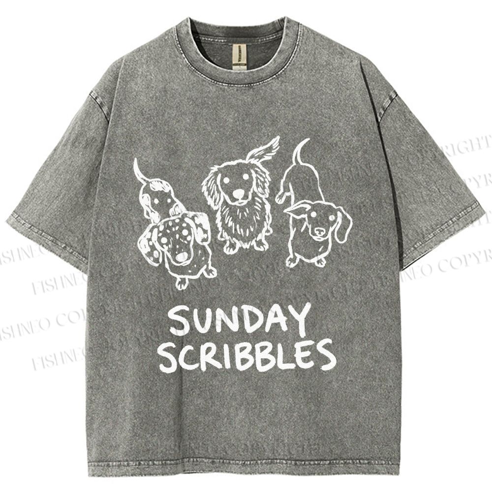 Unisex Sunday Scribbles Dachshund Printed Washed Tee