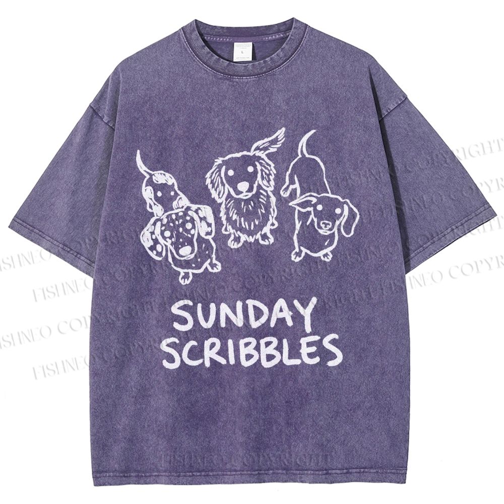 Unisex Sunday Scribbles Dachshund Printed Washed Tee