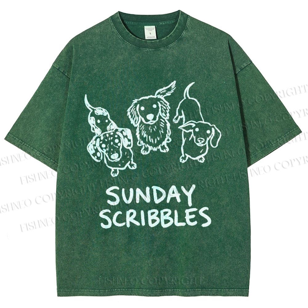 Unisex Sunday Scribbles Dachshund Printed Washed Tee
