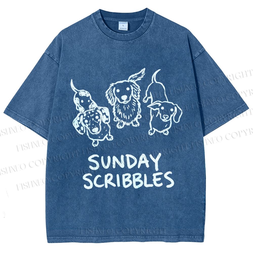 Unisex Sunday Scribbles Dachshund Printed Washed Tee