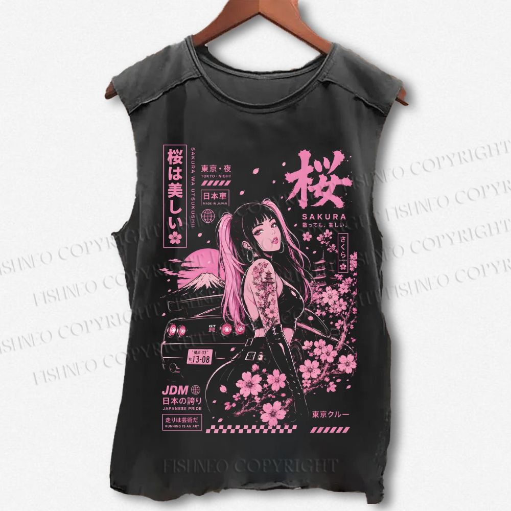 Unisex Sakura JDM Racing Printed Washed Tank Top
