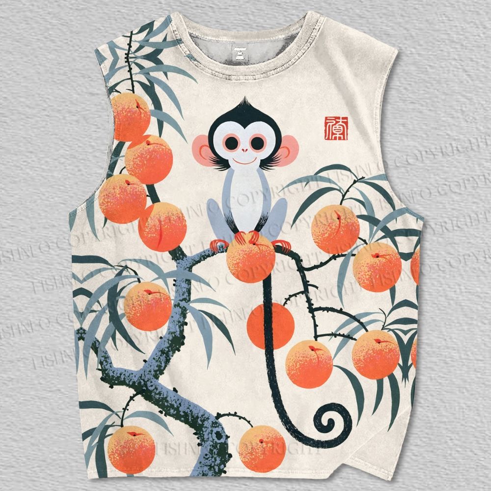 Unisex Vintage Monkey on Peach Tree Printed Tank Top