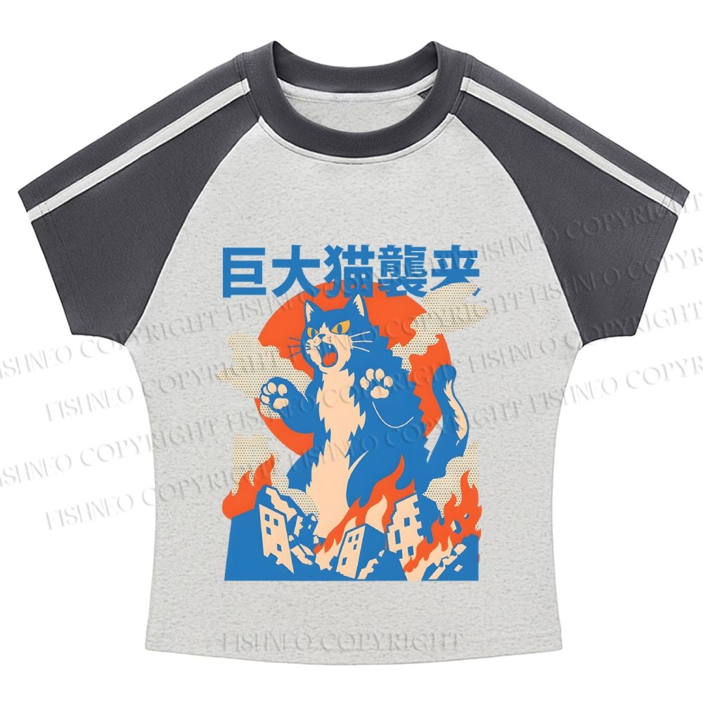 Giant Cat Monster Attack Stripe Raglan Baby Tee