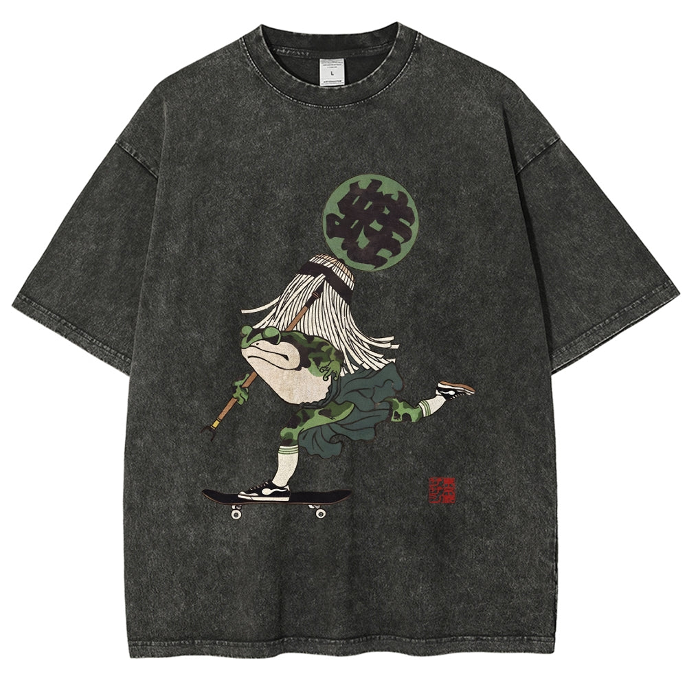 Ukiyo-e Style Skateboard Frog Vintage Washed T-shirt