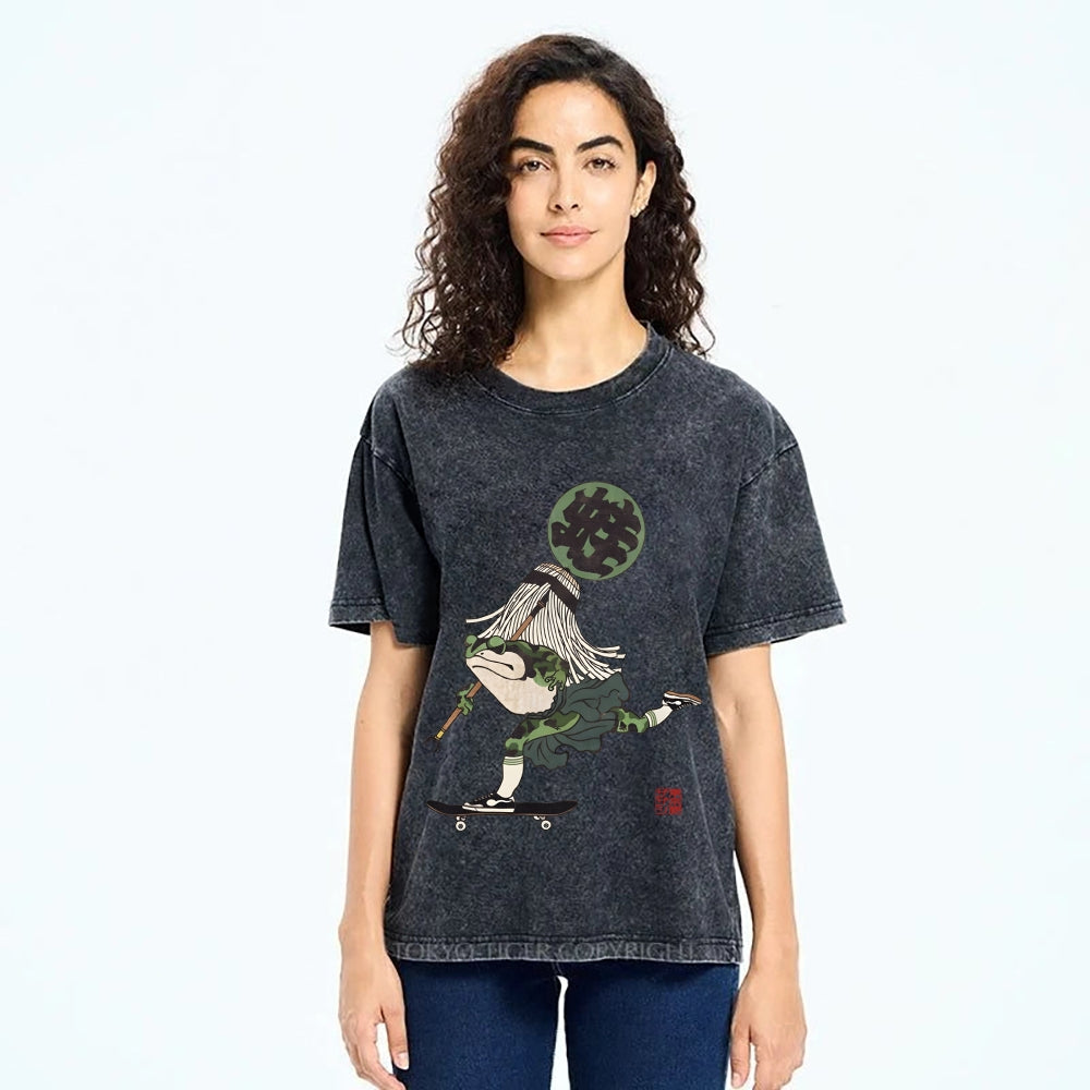 Ukiyo-e Style Skateboard Frog Vintage Washed T-shirt