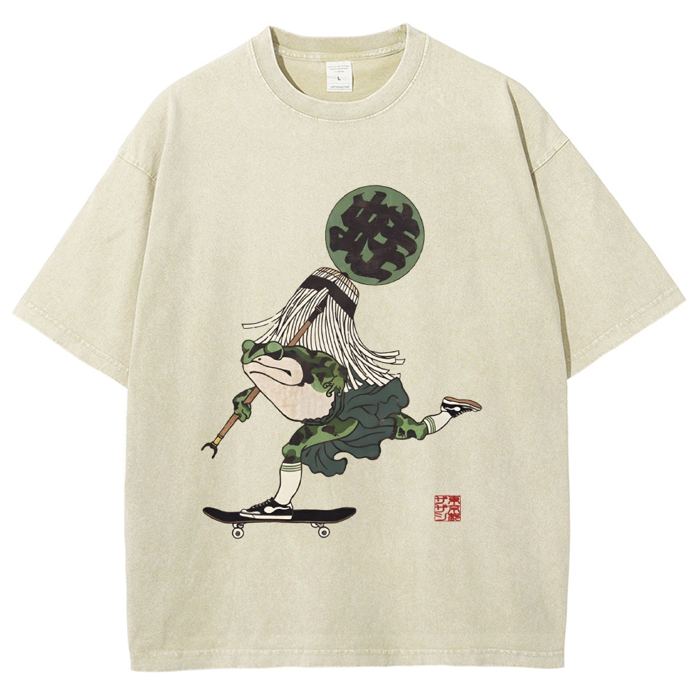 Ukiyo-e Style Skateboard Frog Vintage Washed T-shirt