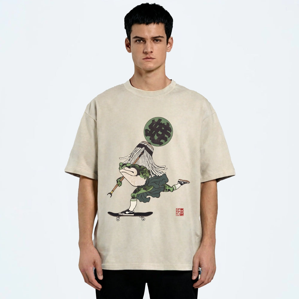 Ukiyo-e Style Skateboard Frog Vintage Washed T-shirt