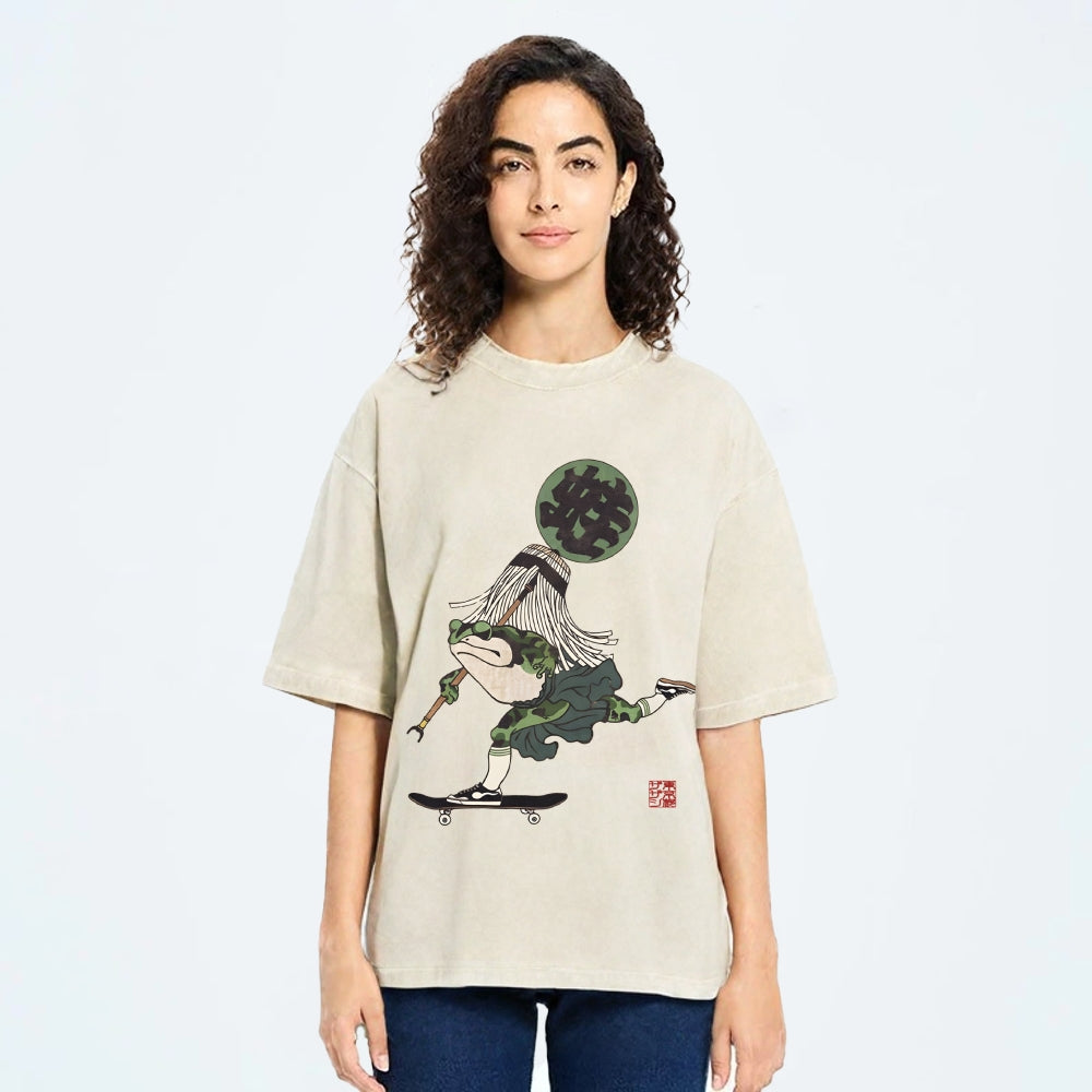 Ukiyo-e Style Skateboard Frog Vintage Washed T-shirt