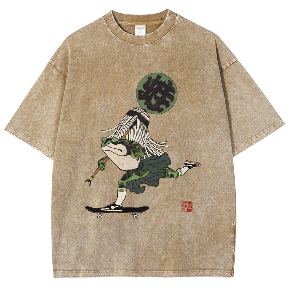 Ukiyo-e Style Skateboard Frog Vintage Washed T-shirt