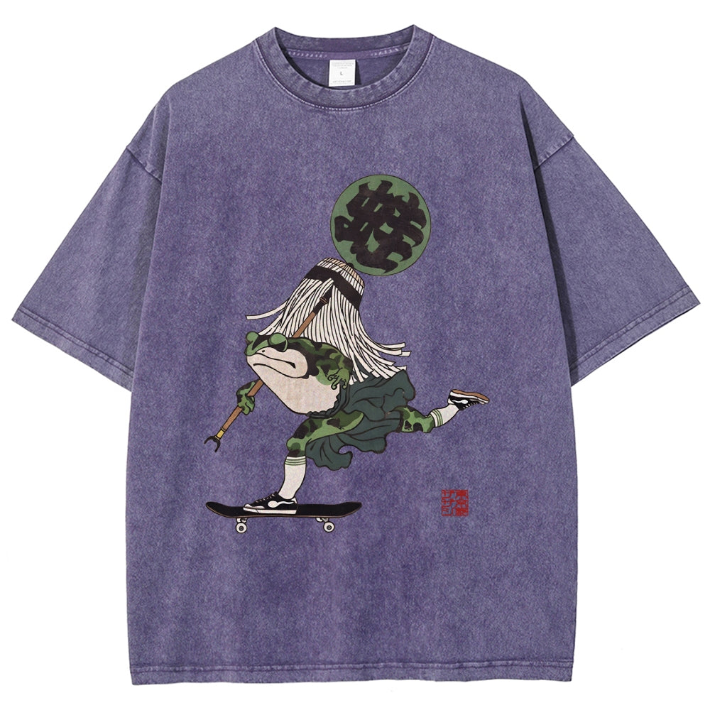 Ukiyo-e Style Skateboard Frog Vintage Washed T-shirt