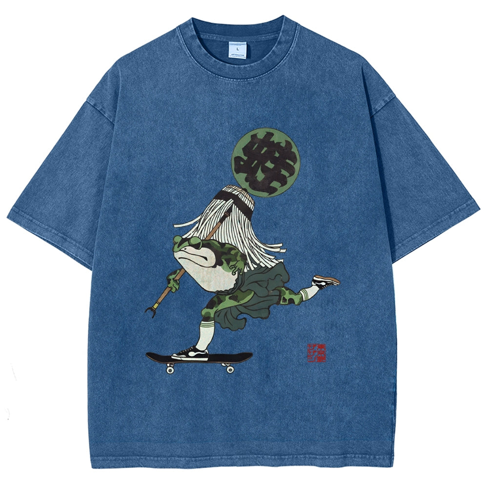 Ukiyo-e Style Skateboard Frog Vintage Washed T-shirt