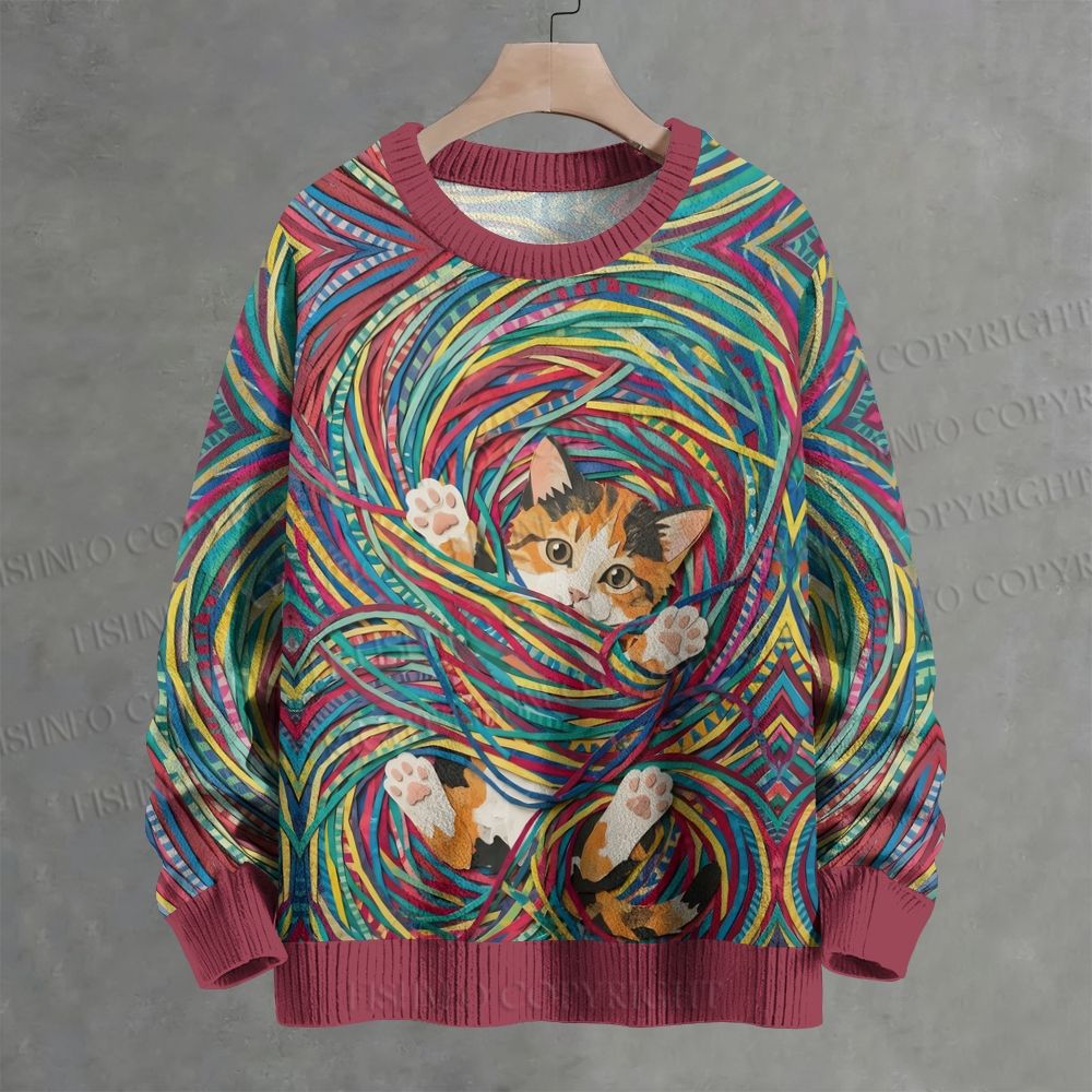 Ball Of Yarn And Cat Crew Neck Sweater
