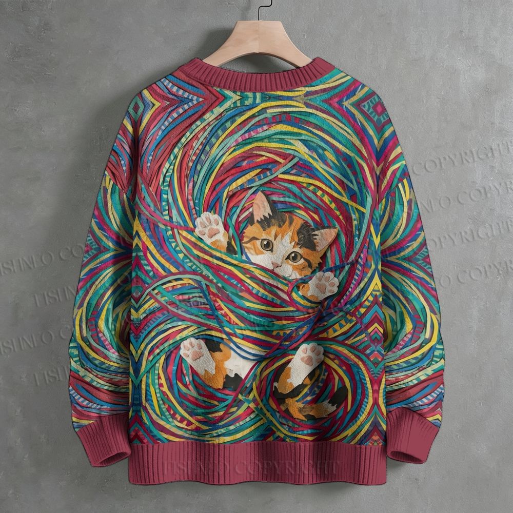 Ball Of Yarn And Cat Crew Neck Sweater
