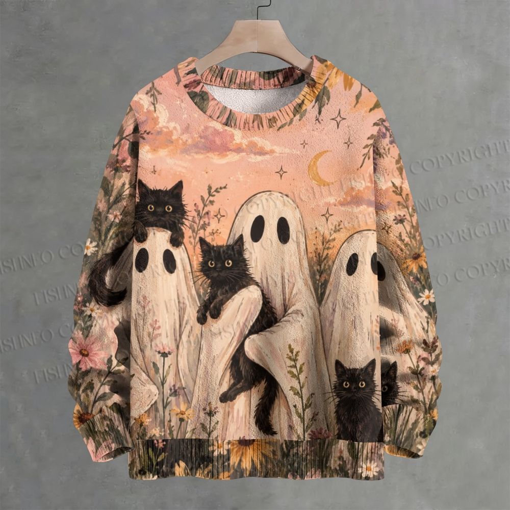 Halloween Ghost Black Cat Floral Crew Neck Sweater