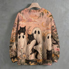 Halloween Ghost Black Cat Floral Crew Neck Sweater