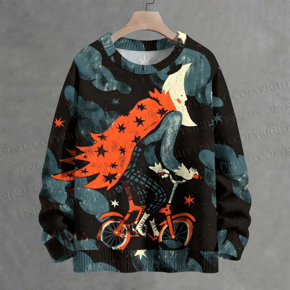 Moon Character Biker Halloween Crew Neck Sweater