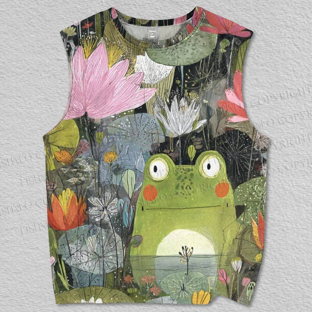 Unisex Cute Frog Lotus Pond Printed Tank Top